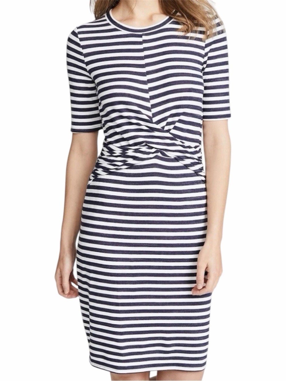 Three Dots Nantucket Dress XS Navy White Stripe Twist Front Bodycon Mini